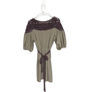 ESLEY Open Lace Yoke, Waist Tie, Boho Mini Dress, Plum, Grey, Large